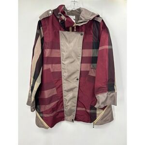 Dorman Womens Hooded Windbreaker Jacket Burgundy Plaid Zip Front Size Large